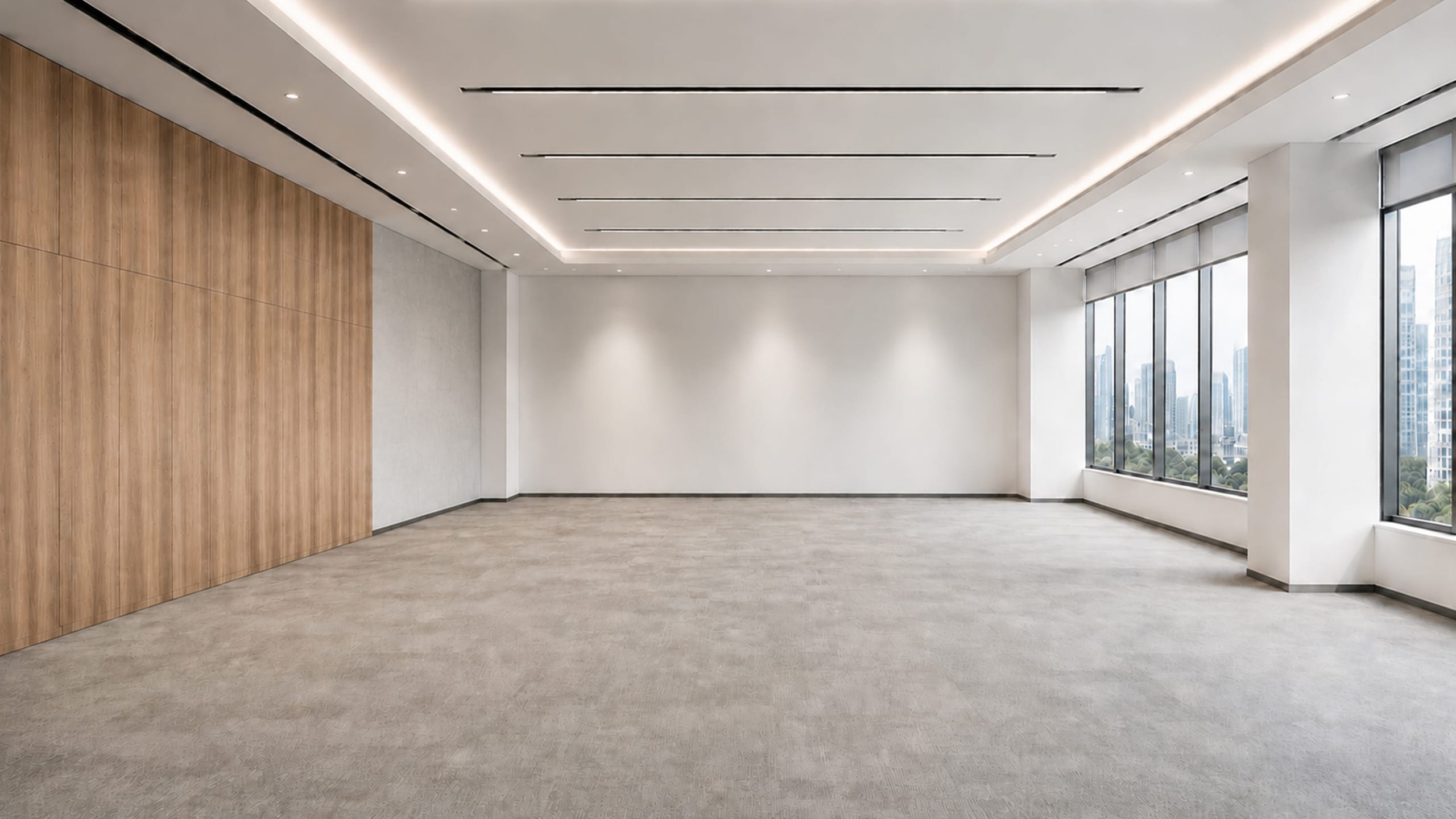 Wood, linear lights, no desks.