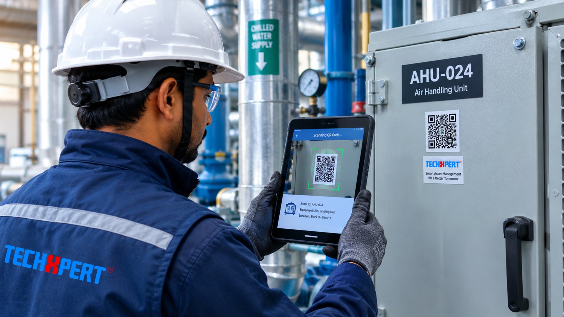 Technician scanning an asset QR code on a tablet