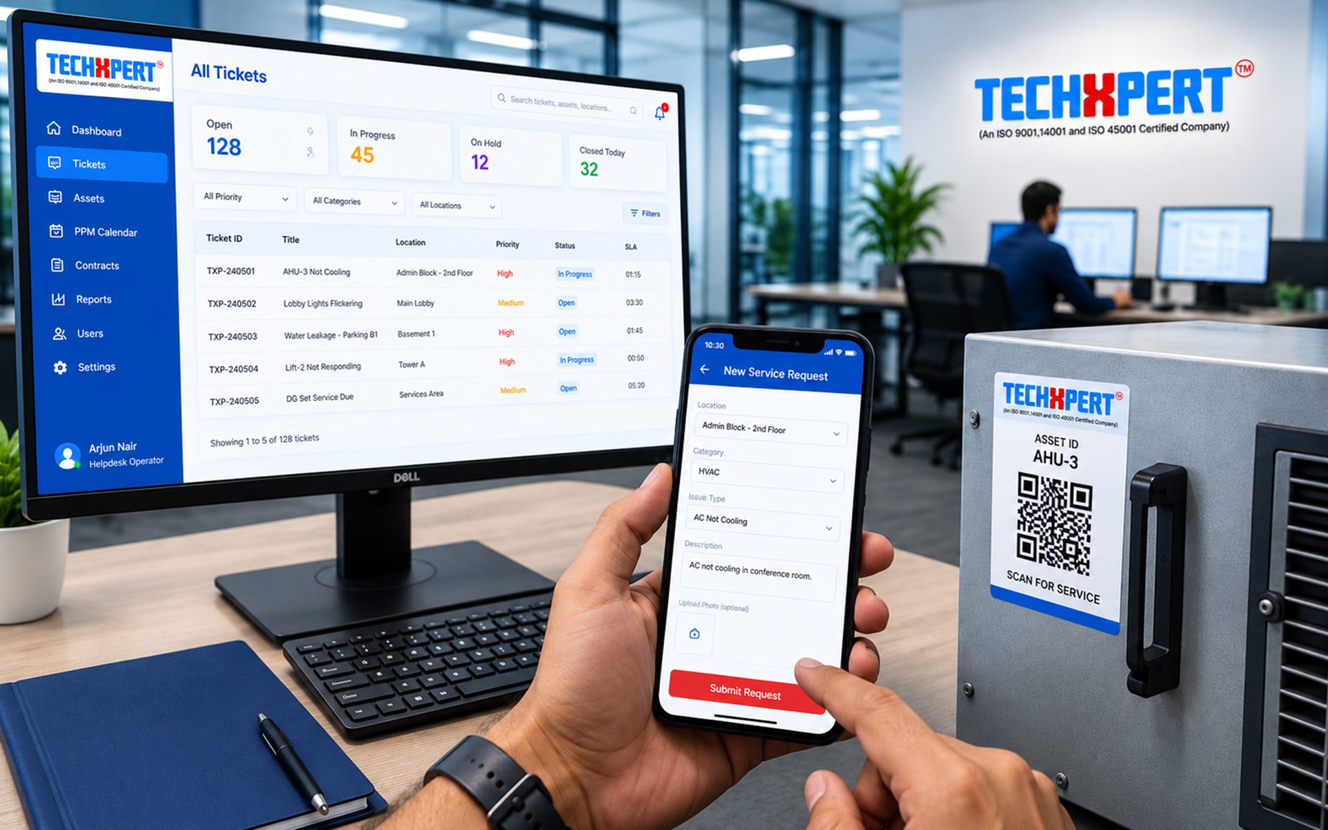 Service request on phone with CMMS tickets and asset QR